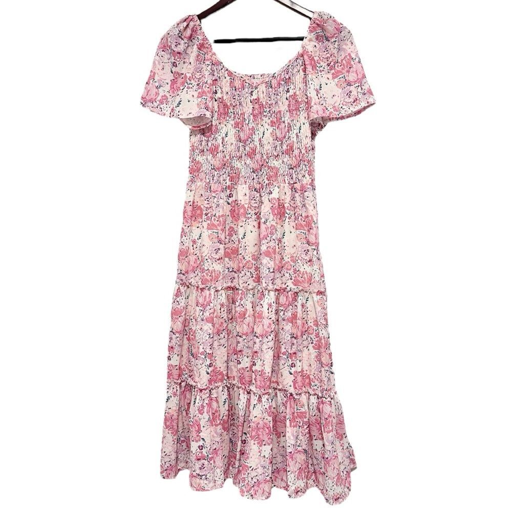 Sweet Honey Women's NWT Smocked Top Midi Dress Pink Peony Print Size Small
